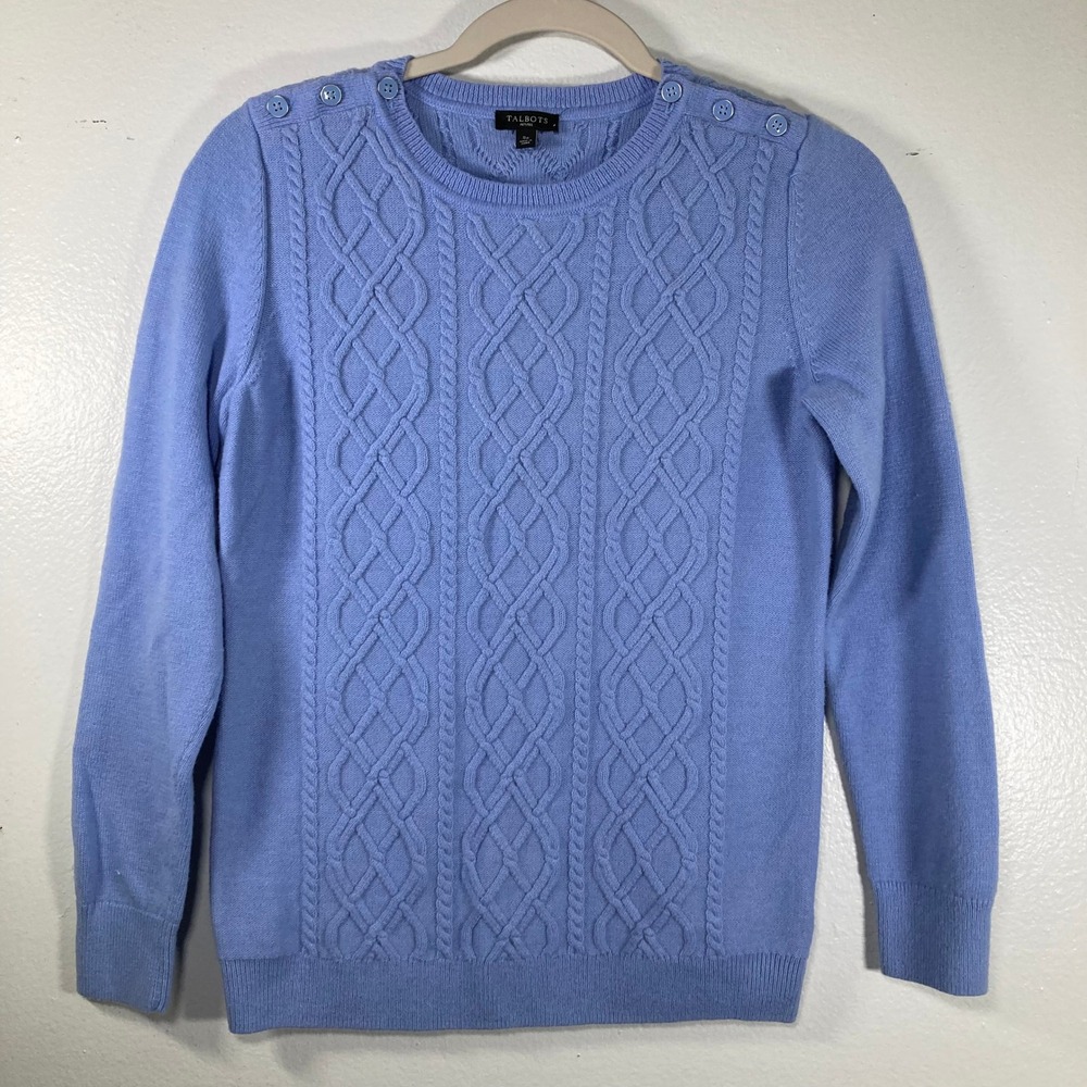Talbots Petites Blue Cable Knit Button Shoulder Lambswool Blend Sweater SP